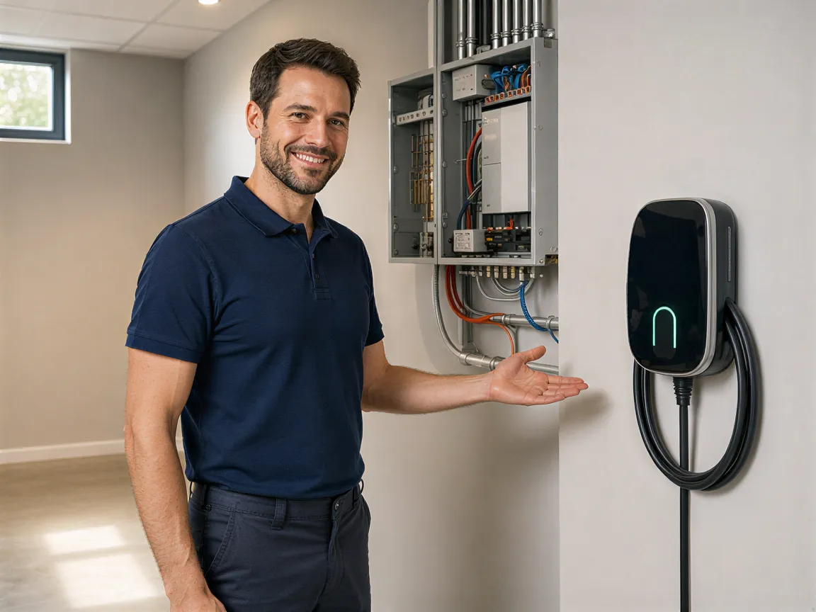 Ein Elektriker zeigt lächelnd eine neu installierte Wandladestation für Elektroautos in einem modernen Technikraum.
