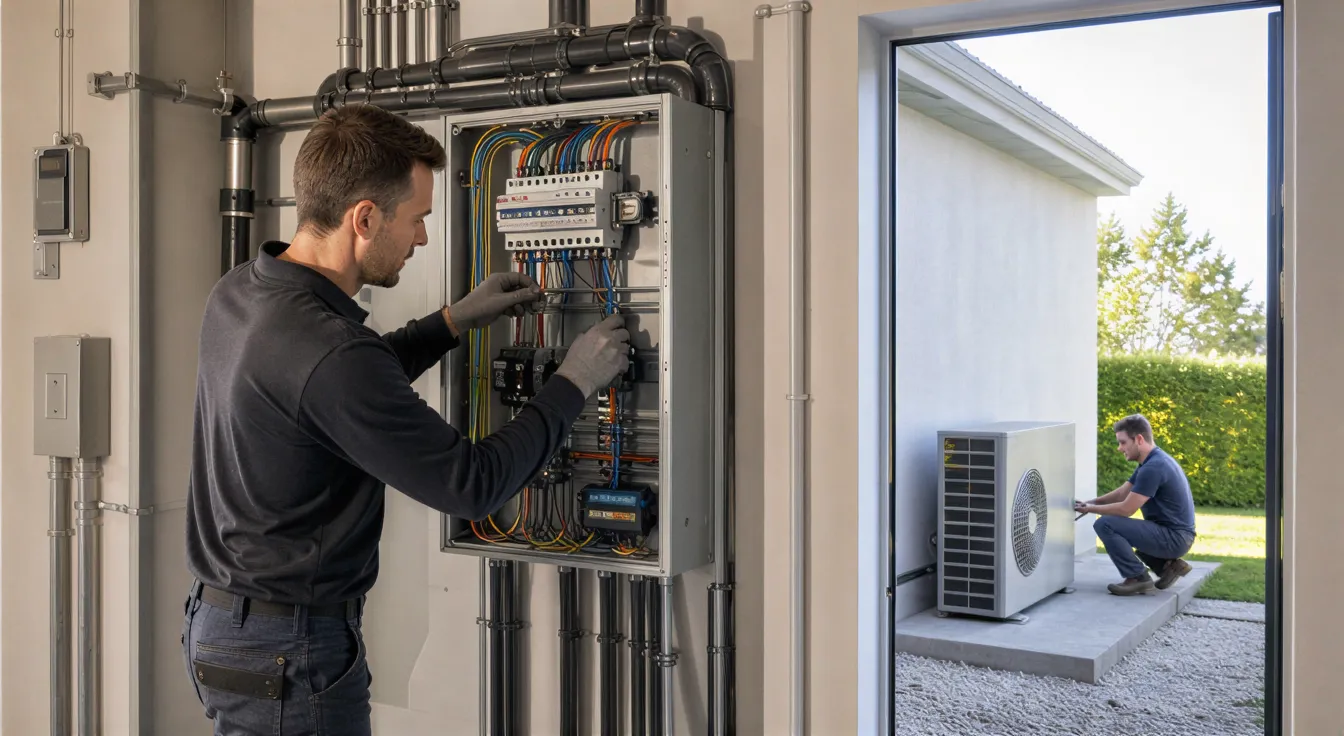 Ein Elektriker installiert Verkabelung in einem modernen Sicherungskasten in einem hellen Technikraum.