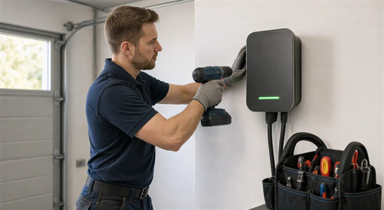 Ein Elektriker montiert eine Wandladestation für Elektroautos an einer weißen Garagewand.
