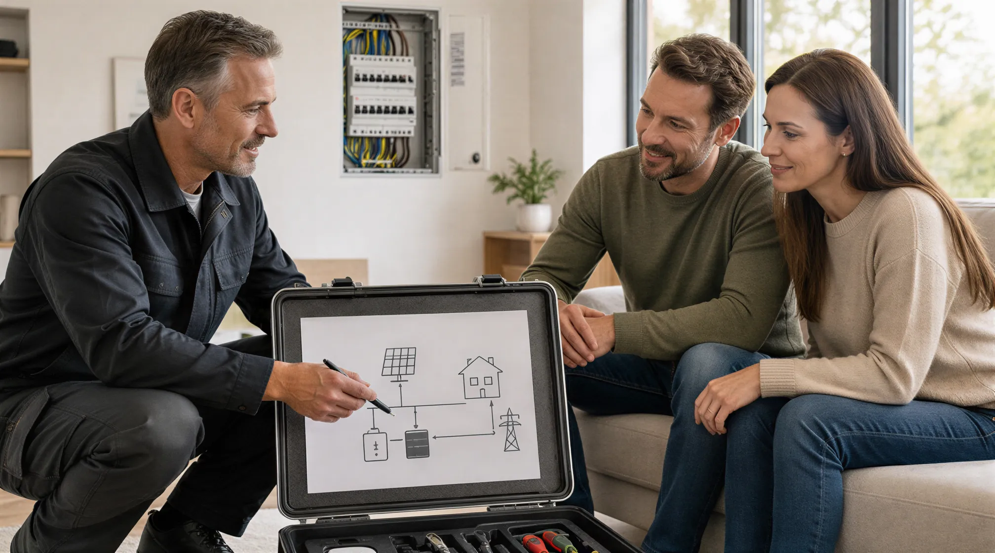 Elektriker erklärt Elektroinstallation in einem modernen Wohnraum