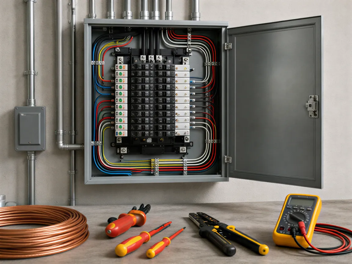 Elektroschrank mit Kabeln und Sicherungen in einem Technikraum