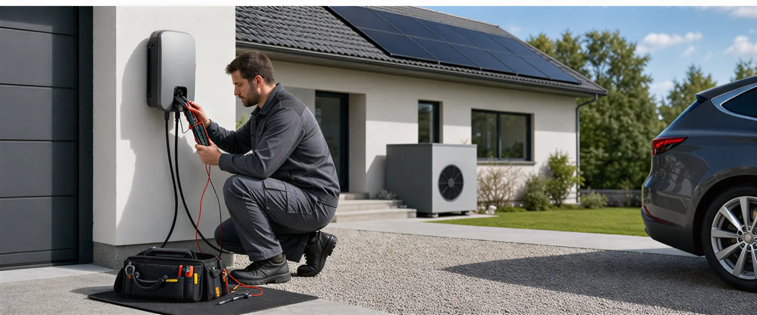 Ein Elektriker prüft eine Wallbox an einem modernen Haus mit Solarpanelen und Wärmepumpe.