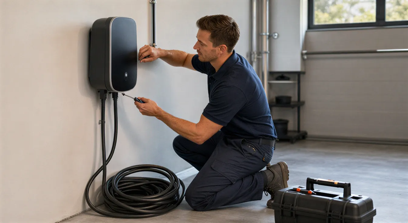 Ein Elektriker installiert eine moderne Wallbox-Ladestation an der Wand einer sauberen Garage.
