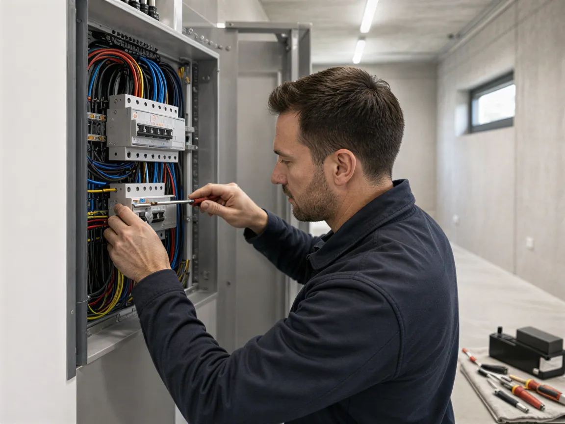Ein Elektriker installiert präzise einen modernen Sicherungskasten in einem sauberen Technikraum.