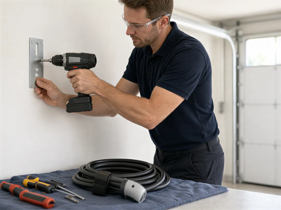 Ein Elektriker installiert eine Wandladestation für Elektroautos an einer weißen Garagenwand.