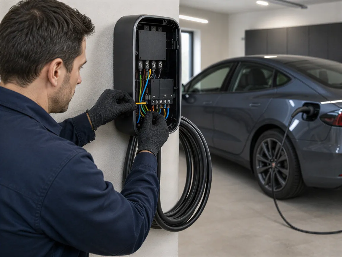 Ein Elektriker installiert eine moderne Wallbox für Elektrofahrzeuge in einer sauberen Garage.