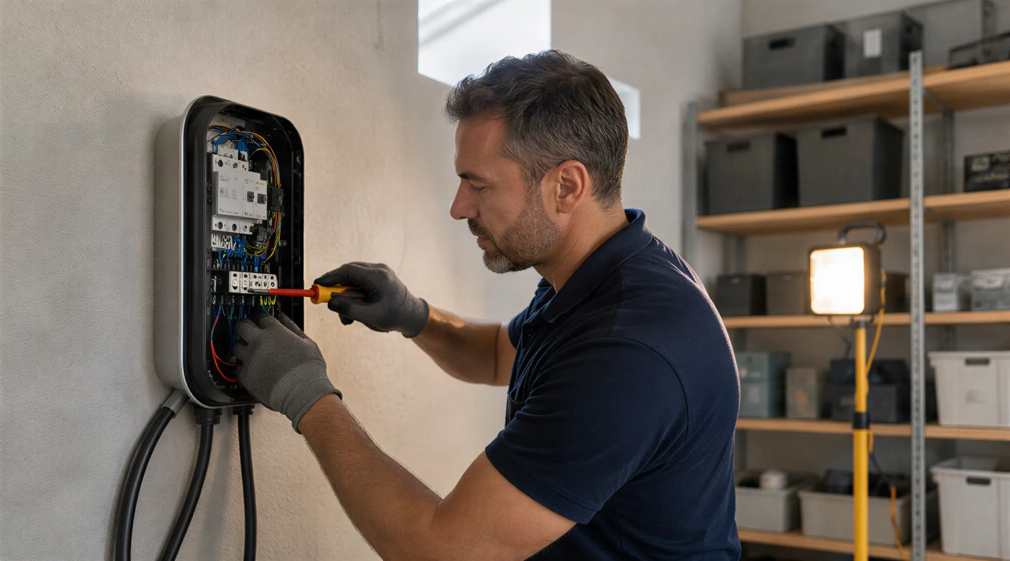 Ein Elektriker installiert eine moderne Wallbox-Ladestation in einer sauberen Garage.