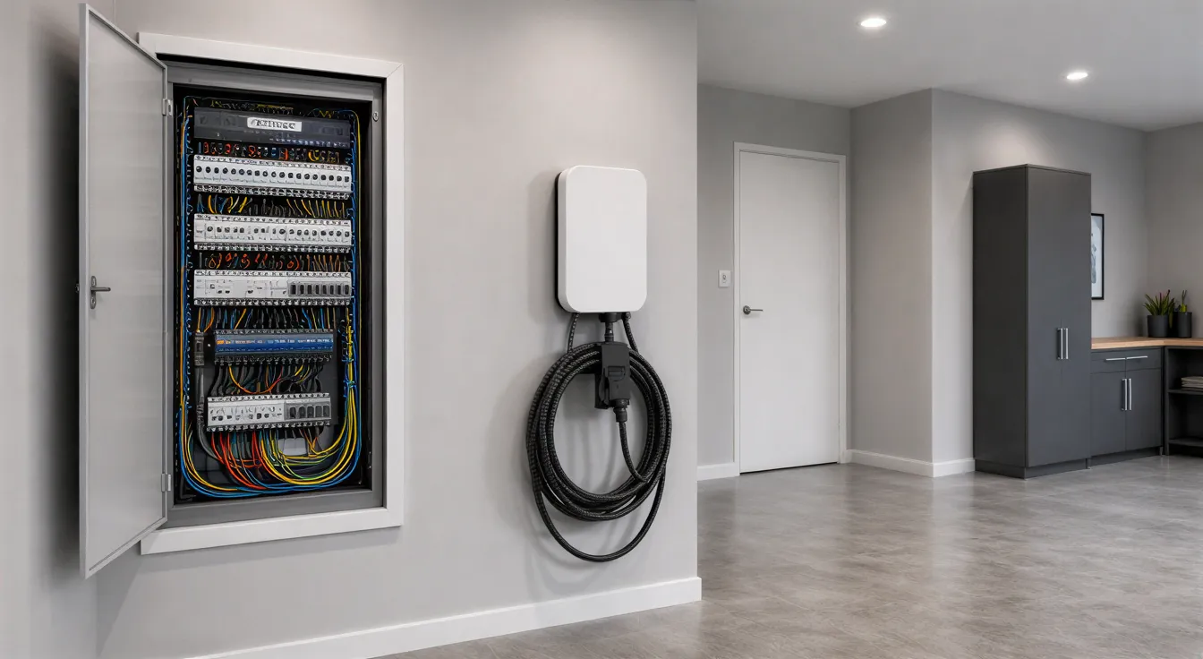 Ein moderner Elektroverteiler mit farblich sortierten Kabeln und einer Wallbox in einem sauberen Technikraum.