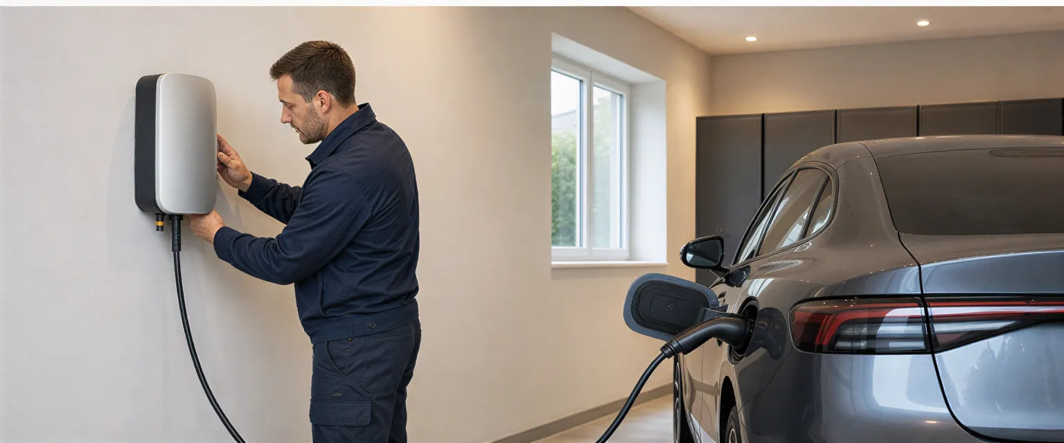 Ein Elektriker installiert eine moderne Wallbox-Ladestation an einer weißen Garagenwand neben einem Elektroauto.