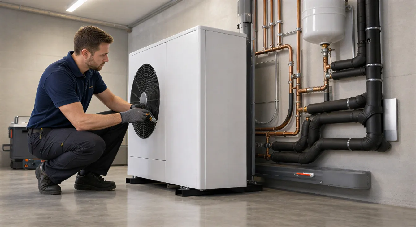 Ein Elektriker prüft eine neue Wärmepumpe in einem sauberen, modernen Hauswirtschaftsraum.