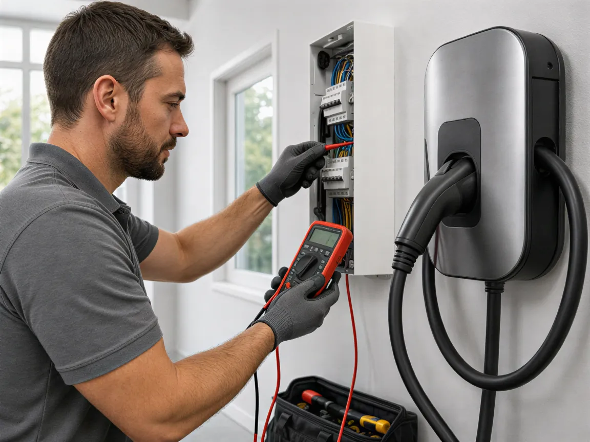 Ein Elektriker installiert eine Wandladestation für Elektroautos in einem modernen Wohnungs-Installationsraum.