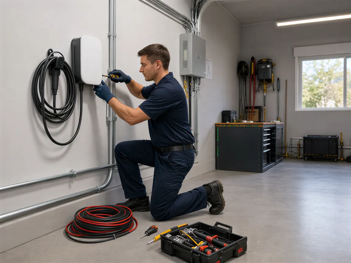 Ein Elektriker installiert eine moderne Wallbox-Ladestation in einer sauberen Garage.