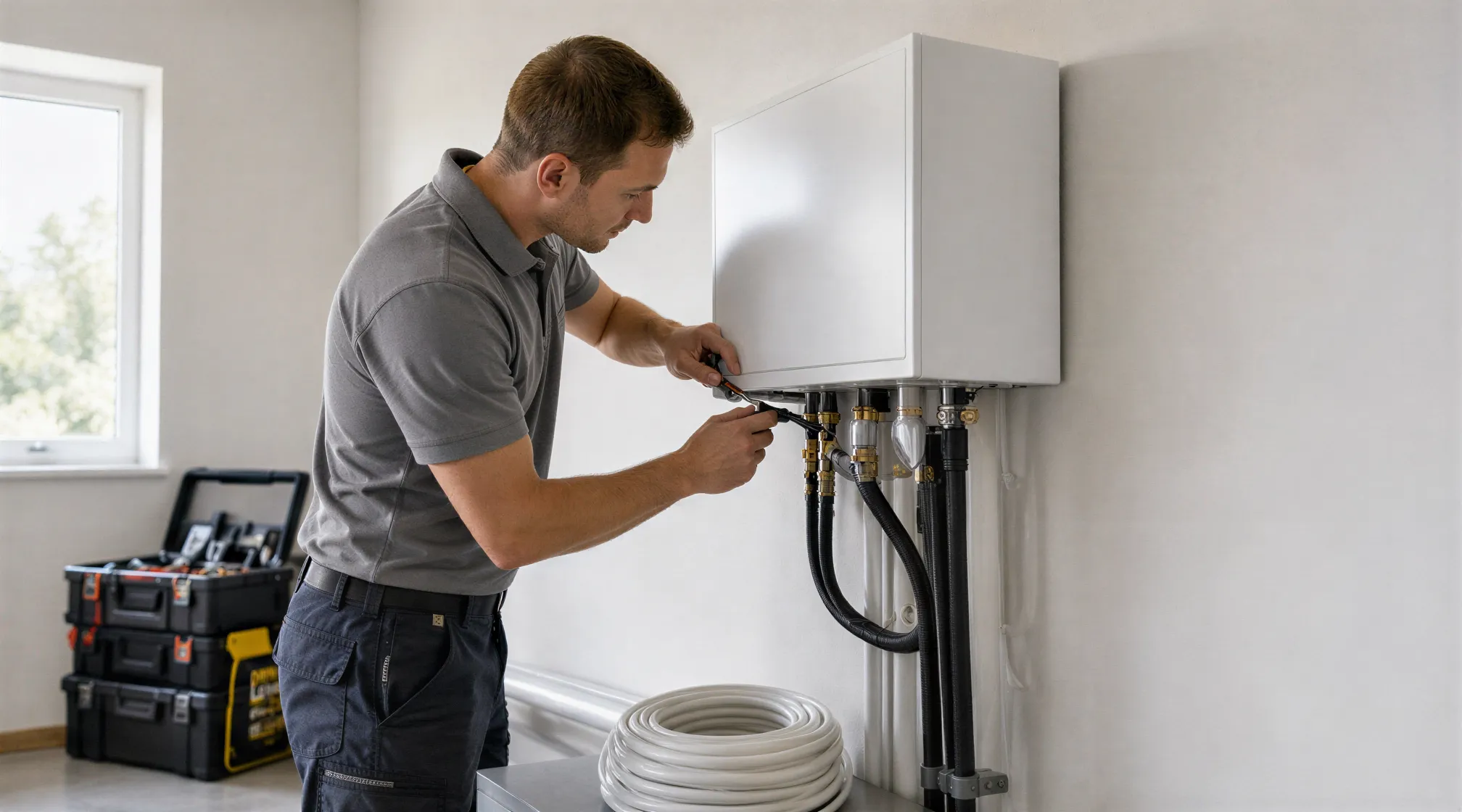 Ein Elektriker installiert eine weiße Wärmepumpe in einem modernen Technikraum, konzentriert bei der Arbeit.