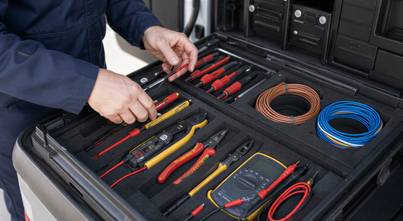 Ein Elektriker ordnet Werkzeuge und Kabel in einem sauberen Werkstattwagen mit Schaumstoffeinsätzen.