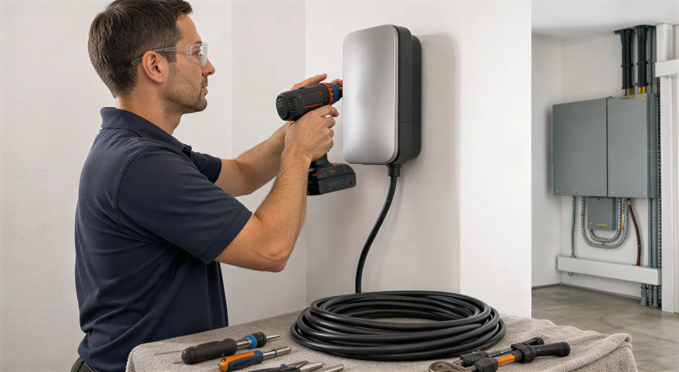 Ein Elektriker installiert eine Wandladestation für Elektroautos in einem modernen Wohnhaus.