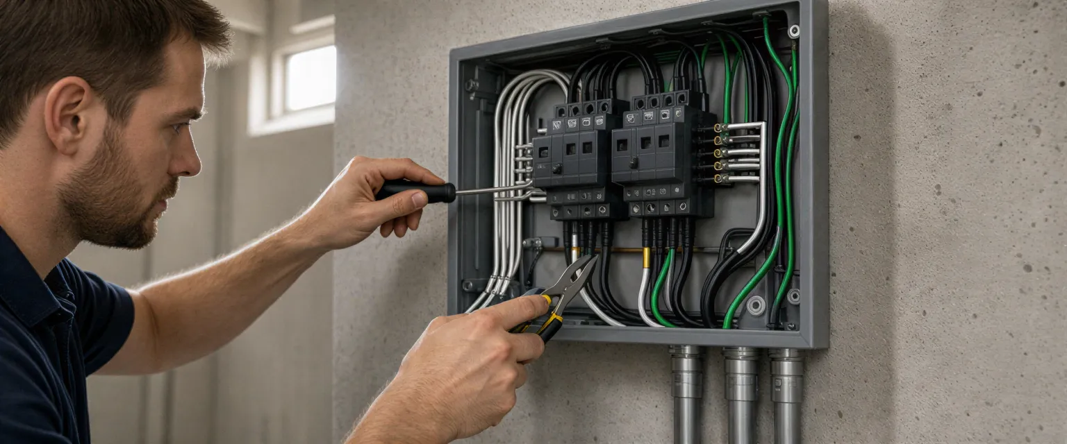 Ein Elektriker installiert ein modernes Stromverteilungspanel mit farblich sortierten Kabeln in einem hellen Technikraum.
