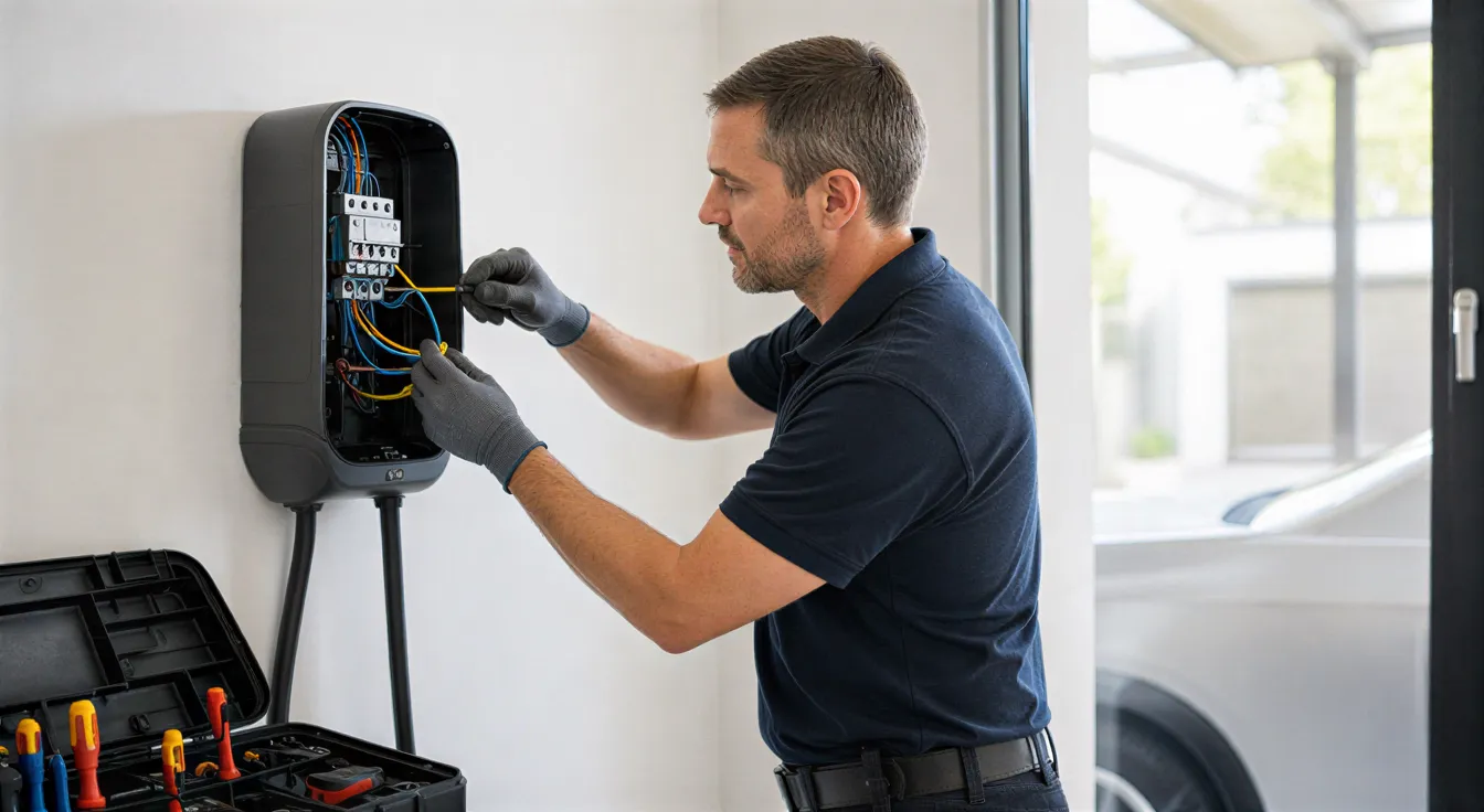 Ein Elektriker installiert präzise eine Wandladestation für Elektroautos in einem modernen Wohnhaus.