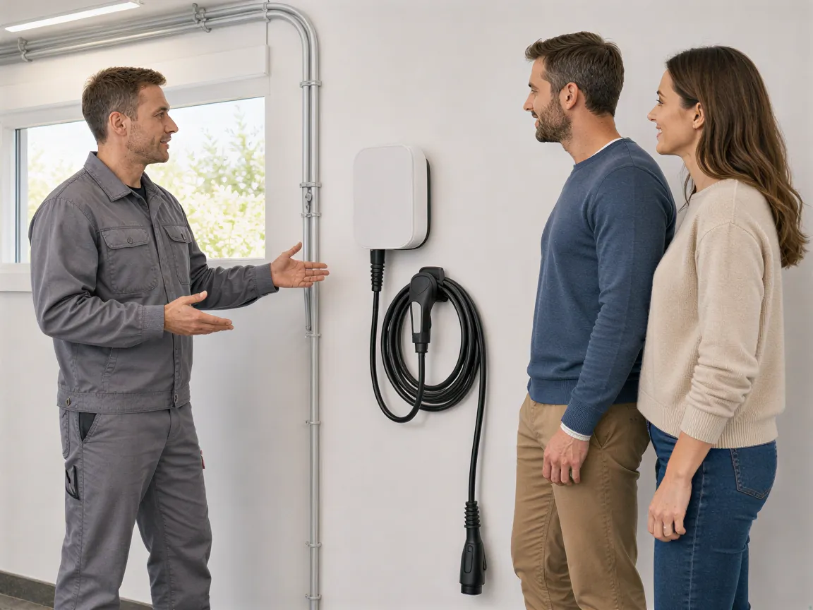 Ein Elektriker erklärt einem Ehepaar die neue Wallbox für ihr Elektroauto in der sauberen Garage.