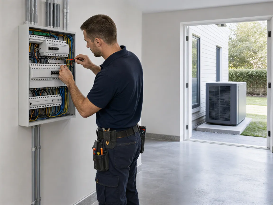 Ein Elektriker installiert sauber eine neue Schalttafel in einem hellen, modernen Technikraum.