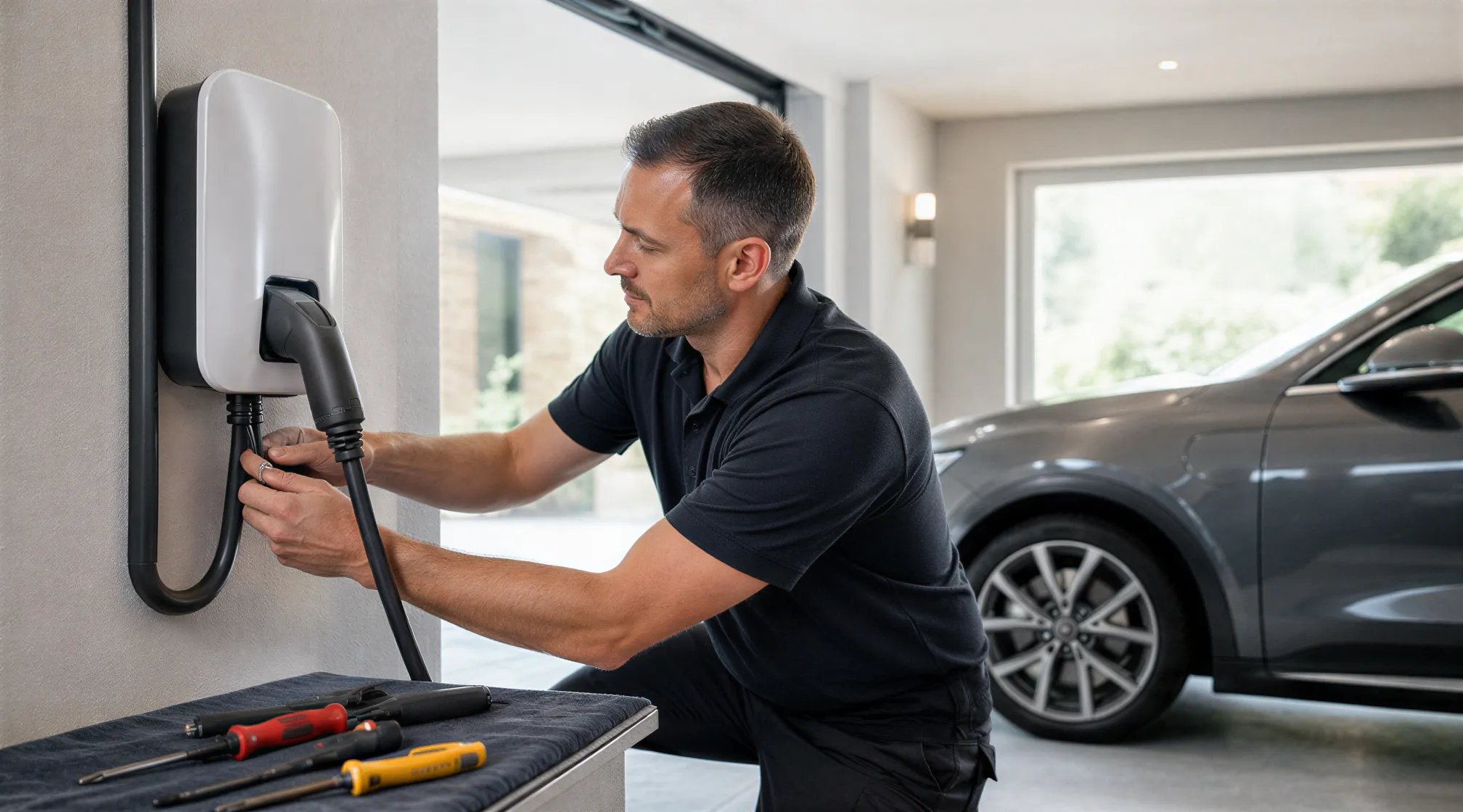 Ein Elektriker installiert eine Wandladestation für Elektroautos in einer sauberen Garage.