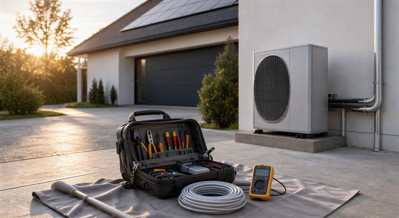 Ein Elektriker-Arbeitsbereich vor einem modernen Haus mit Wärmepumpe und Solarpanelen auf dem Dach.