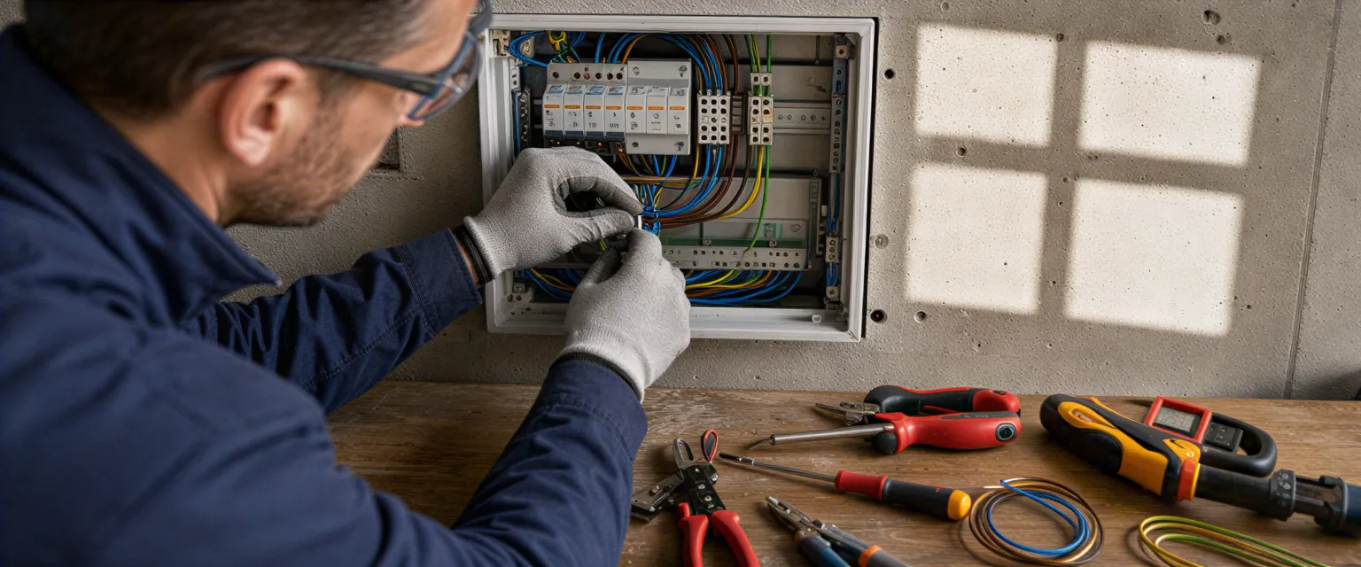 Ein Elektriker in dunkelblauer Arbeitskleidung verbindet Kabel in einem modernen Elektroverteiler an einer Betonwand.