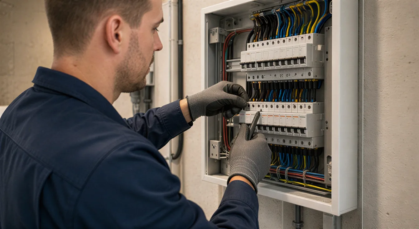 Ein Elektriker in blauer Arbeitskleidung verdrahtet sorgfältig einen Sicherungskasten in einem sauberen Hauswirtschaftsraum.