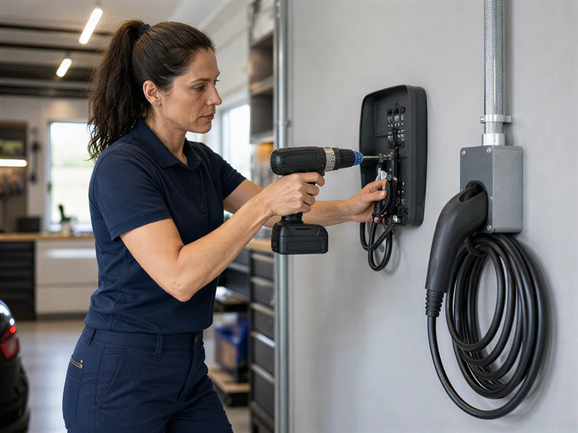 Eine Elektrikerin installiert eine moderne Wallbox für Elektroautos an einer sauberen Garagenwand.