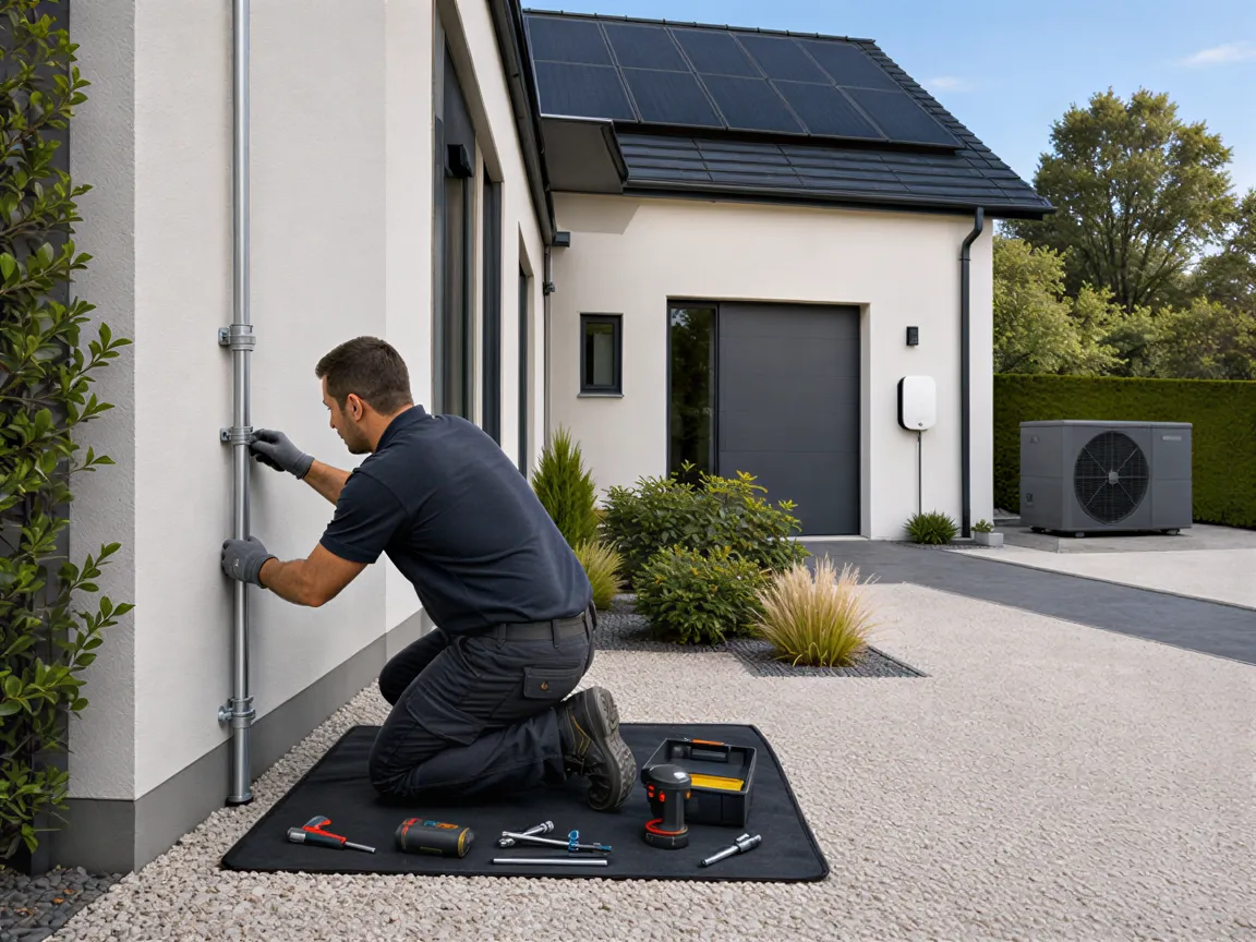 Ein Elektriker befestigt eine Leitung an einem modernen Haus mit Wärmepumpe, Solaranlage und Wallbox.