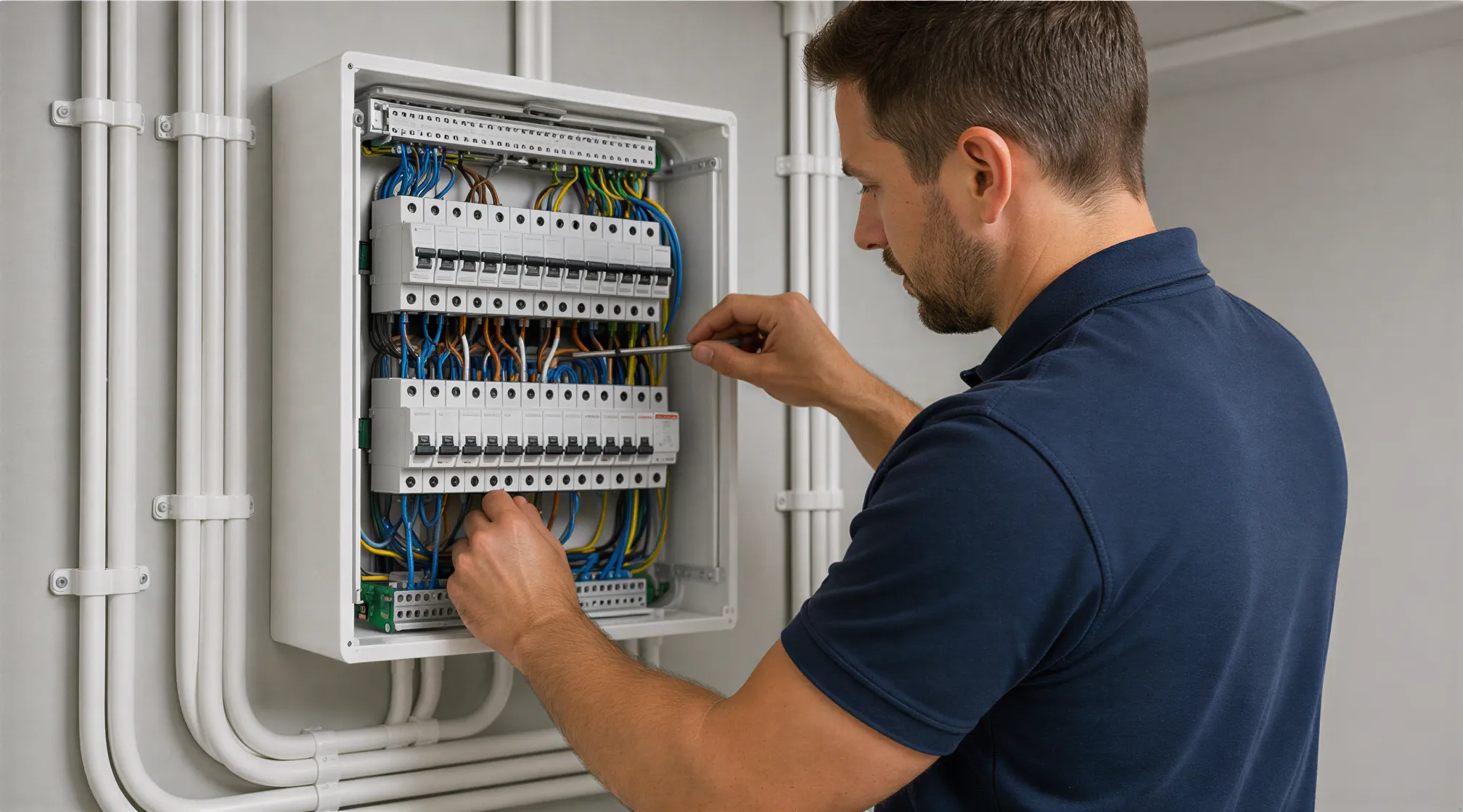 Ein Elektriker verbindet sorgfältig Kabel in einem weißen Verteilerkasten in einem modernen Technikraum.