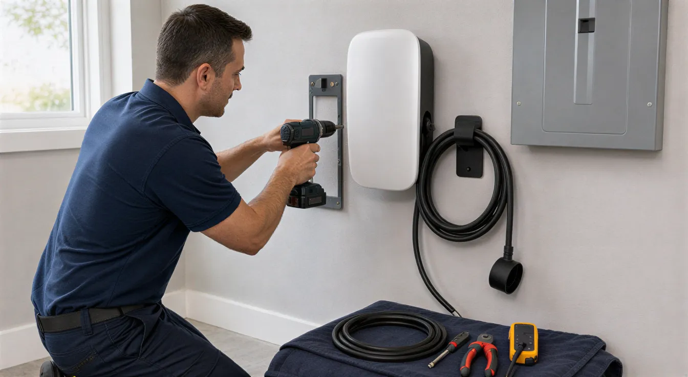 Ein Elektriker installiert eine weiße Wallbox für Elektroautos an einer hellgrauen Wand in einem modernen Technikraum.