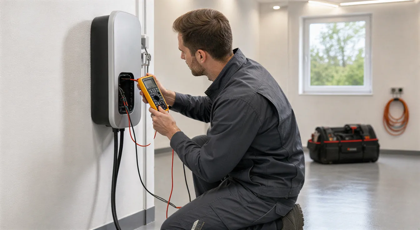 Ein Elektrifer prüft mit einem Multimeter eine neu installierte Wallbox für Elektroautos in einem sauberen Technikraum.