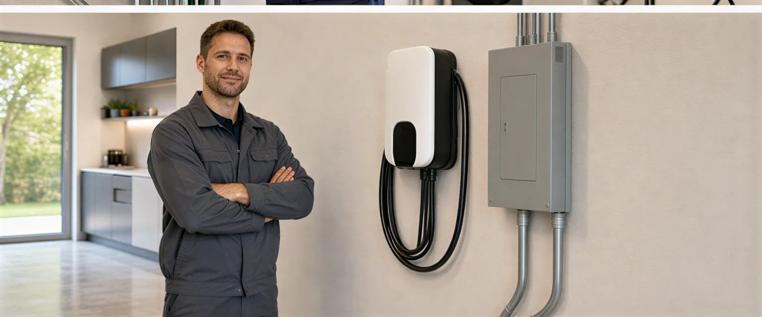 Ein Elektriker präsentiert eine neu installierte Wandladestation für Elektroautos in einem modernen Wohnhaus.