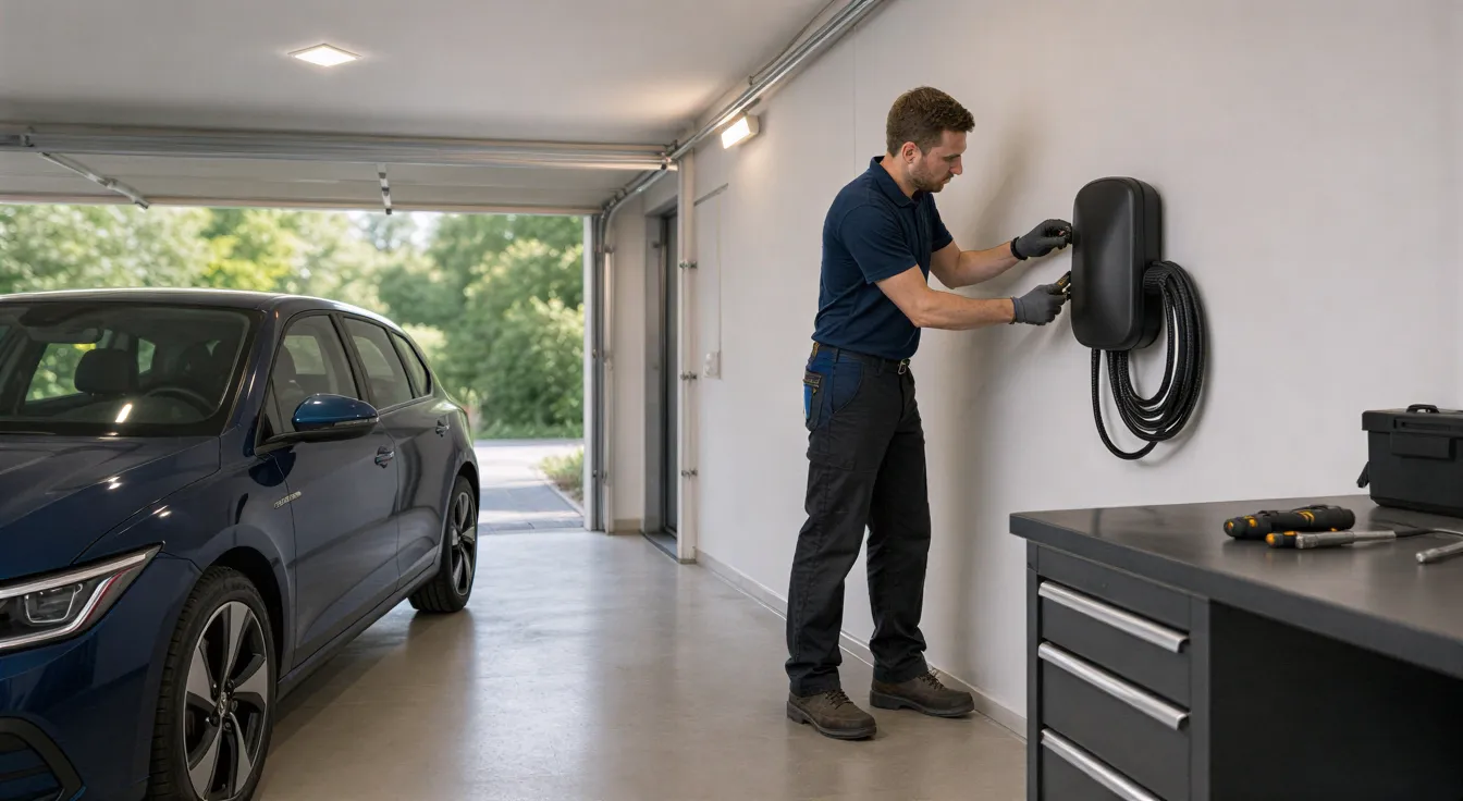 Ein Elektriker installiert eine moderne Wallbox für Elektroautos in einer sauberen Garage.