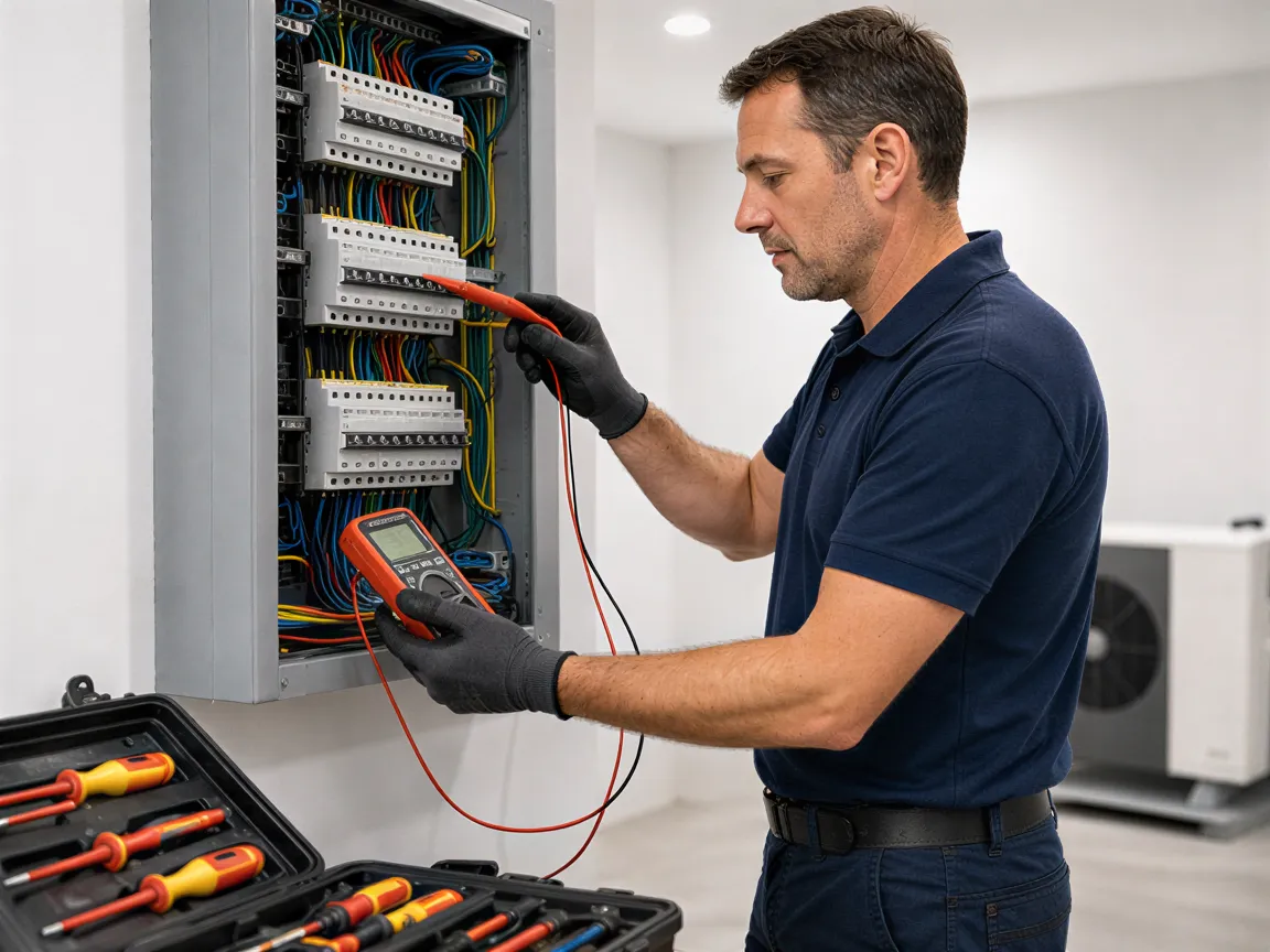 Ein Elektriker führt mit einem Digitalmultimeter eine Endkontrolle an einem neu installierten Wand-Stromkasten durch.