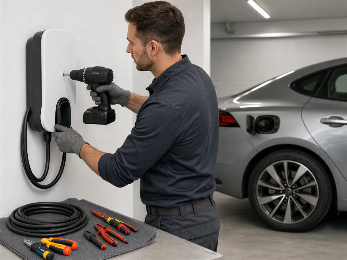 Ein Elektriker montiert eine Wandladestation für Elektroautos in einer sauberen Garage mit geparktem Fahrzeug.