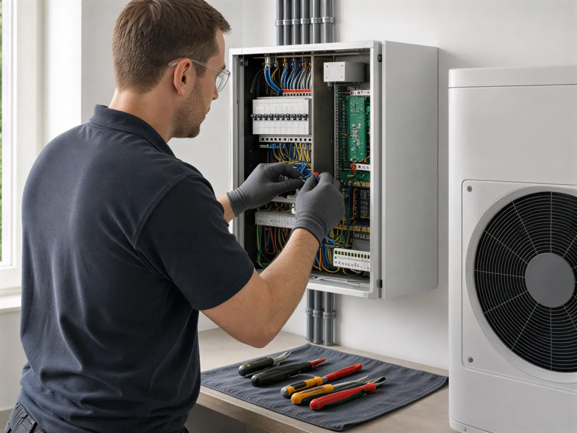 Ein Elektriker installiert elektrische Komponenten für eine Wärmepumpe in einem modernen Wohnungs-Installationsraum.