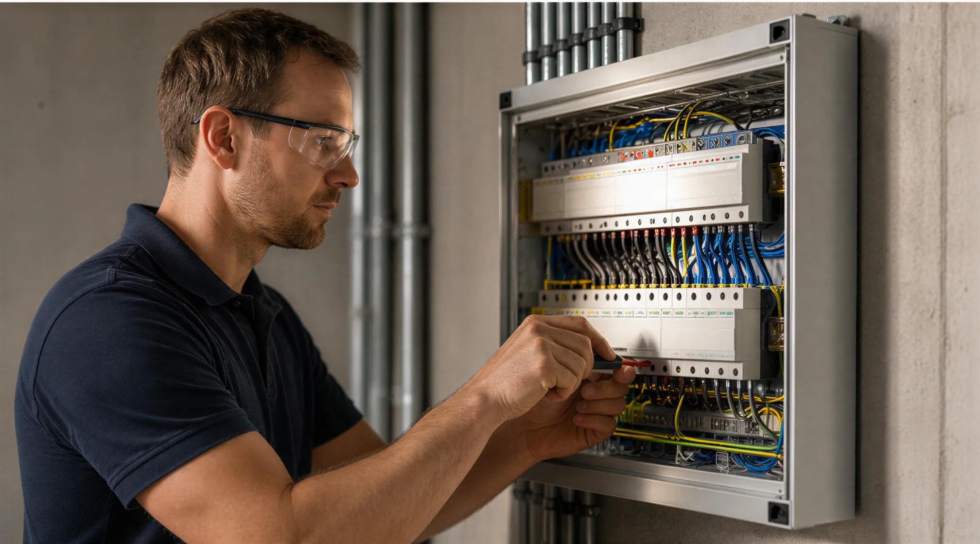 Ein Elektriker verbindet präzise farblich kodierte Drähte in einer modernen Verteilerdose in einem neuen Wohnhaus.