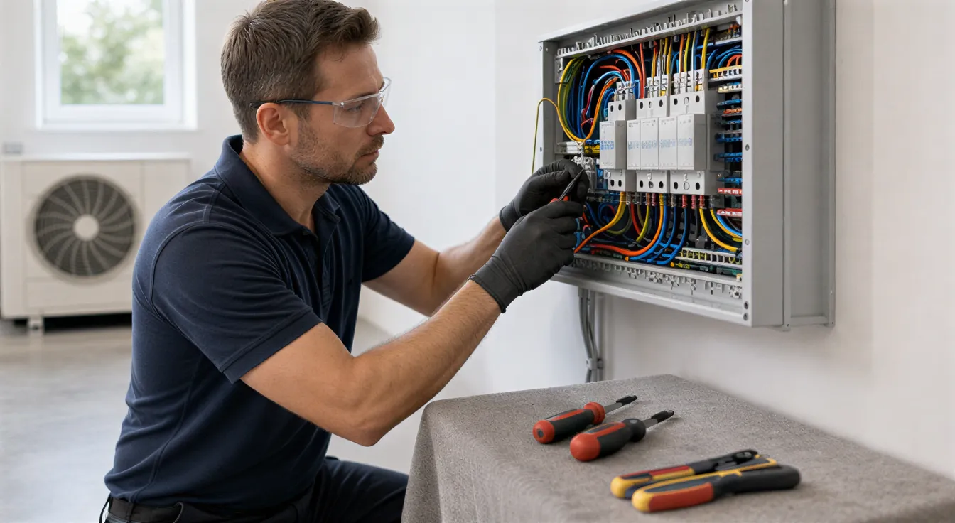 Ein Elektriker in einem modernen Wohnungsverteilerraum schließt farbige Kabel an einem offenen Schaltschrank an.