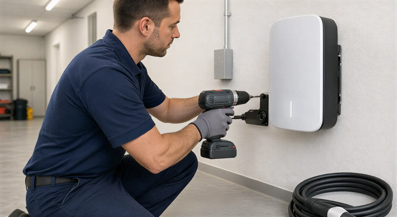 Ein Elektriker installiert eine moderne Wallbox-Ladestation an einer Garagenwand.