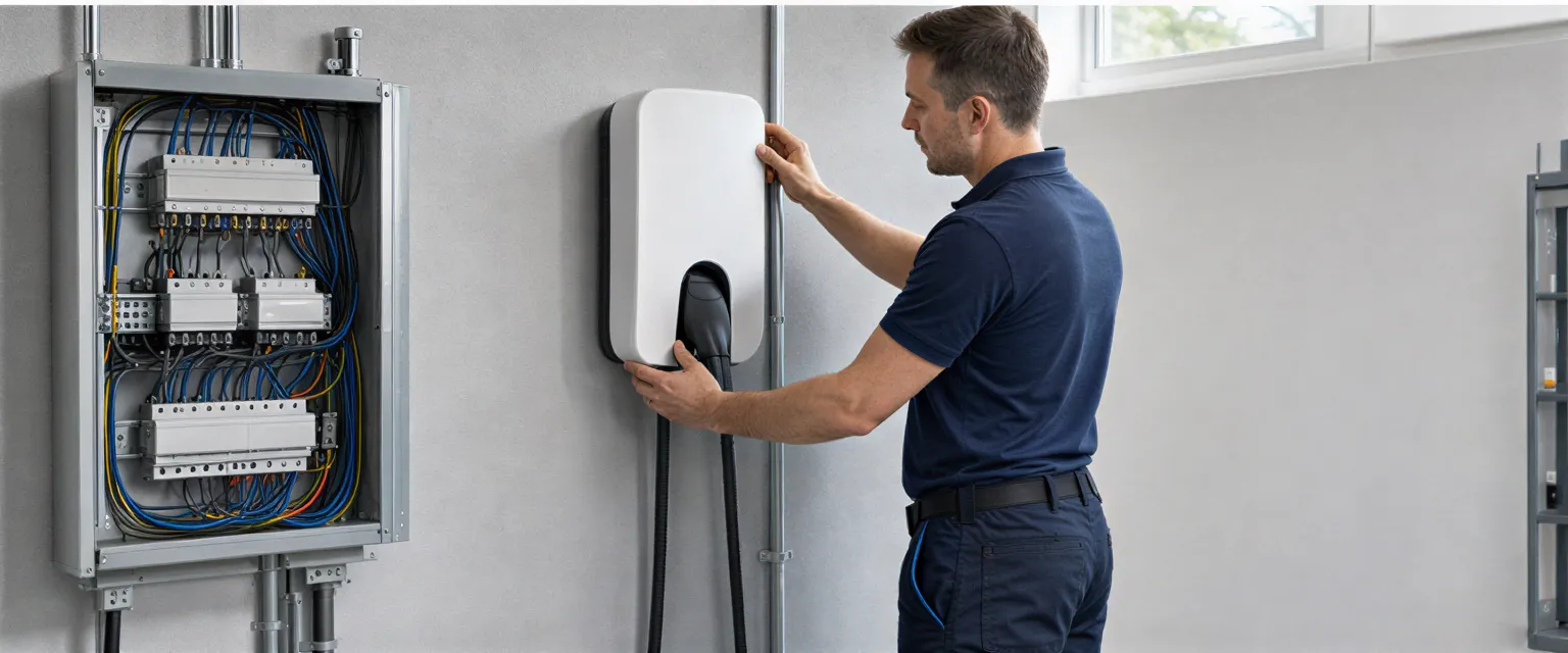 Ein Elektriker installiert eine weiße Wallbox für Elektroautos an einer grauen Wand in einem sauberen Technikraum.