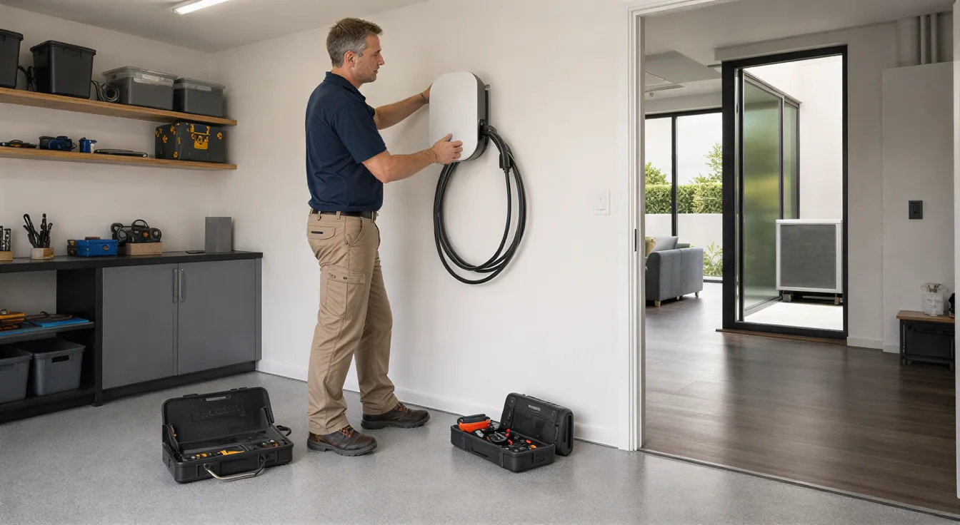 Ein Elektriker installiert eine weiße Wallbox in einer modernen Garage mit Blick auf einen Wohnbereich.
