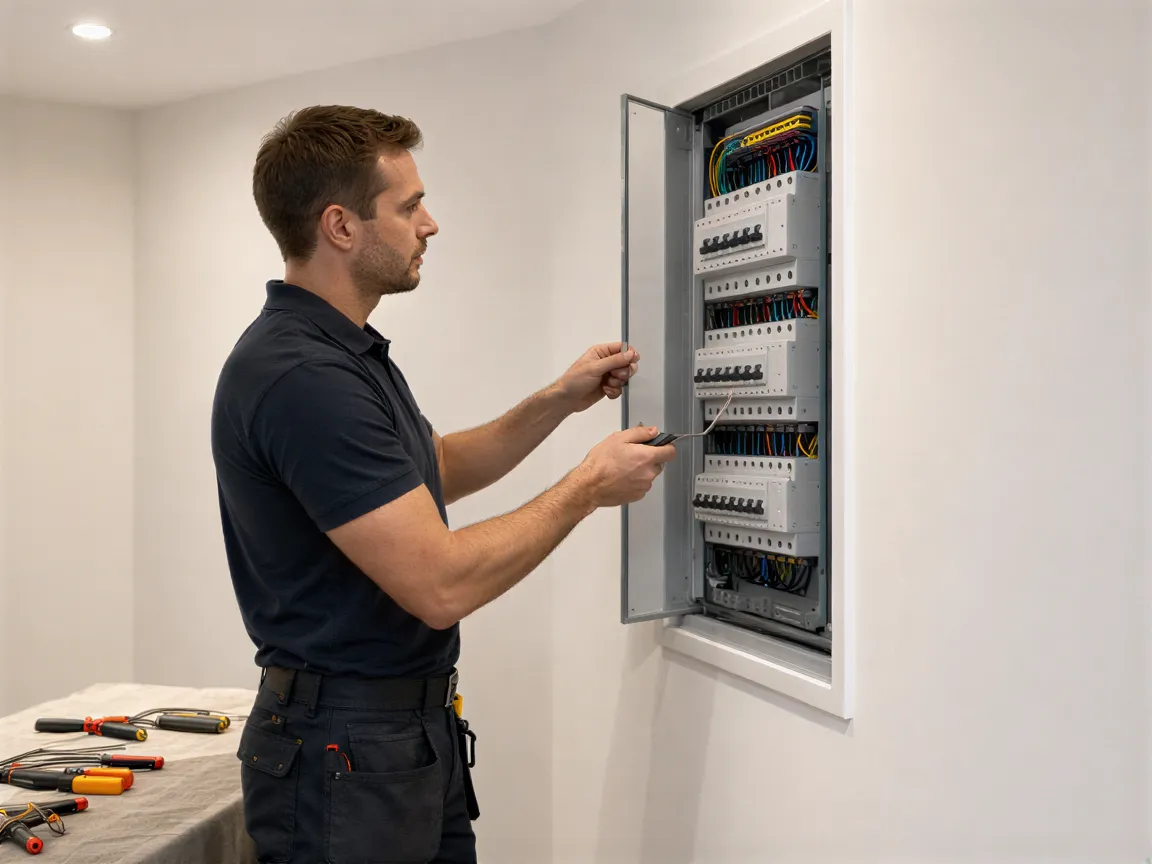 Ein Elektriker prüft einen neu installierten, modernen Stromkasten mit ordentlicher Verkabelung in einem sauberen Raum.