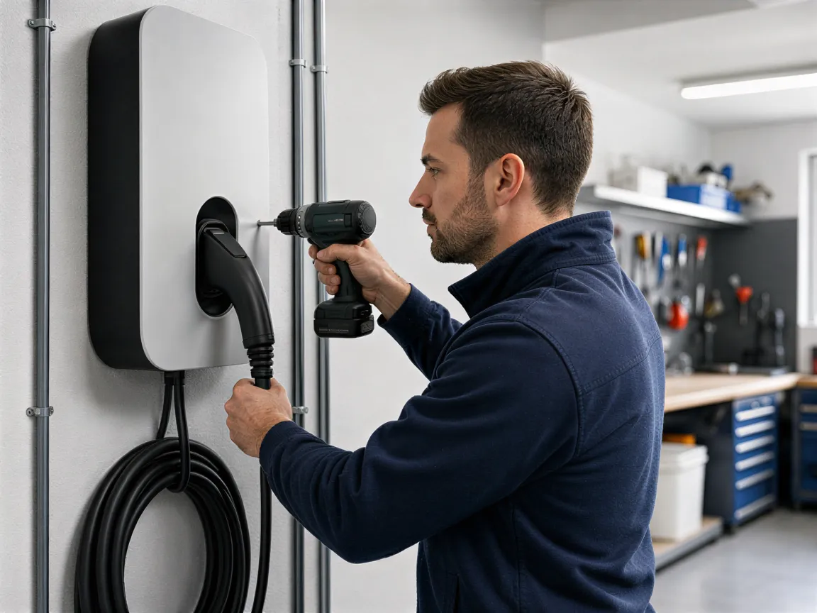 Ein Elektriker montiert eine moderne Wallbox für Elektrofahrzeuge an der Wand einer Garage.