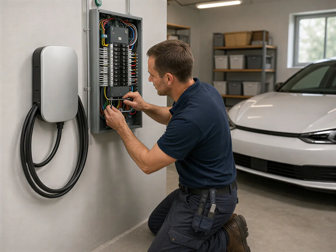 Ein Elektriker installiert eine moderne Wallbox für Elektroautos in einer sauberen Garage.