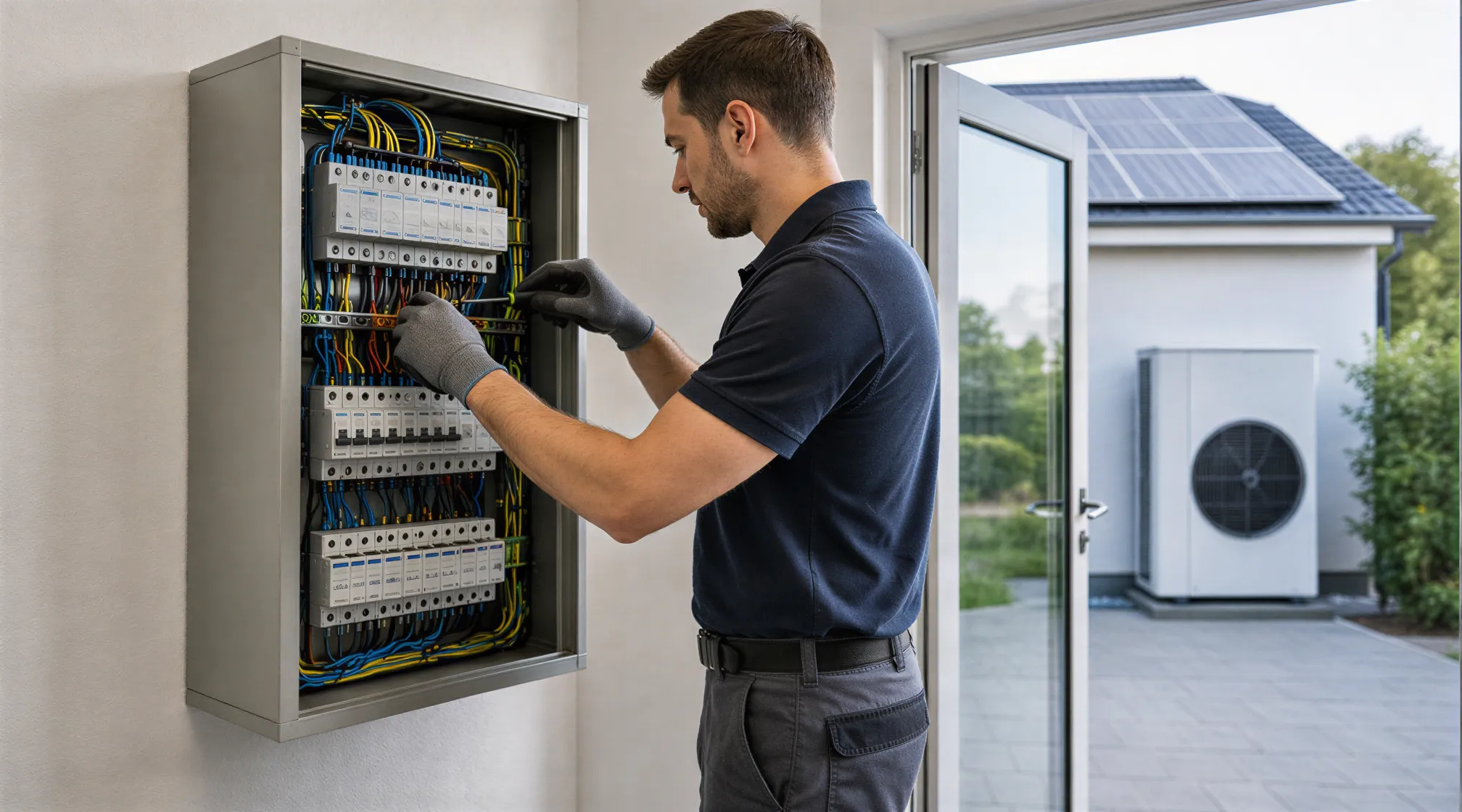 Ein Elektriker verbindet Kabel in einem modernen Verteilerkasten vor einer Solaranlage auf dem Dach.