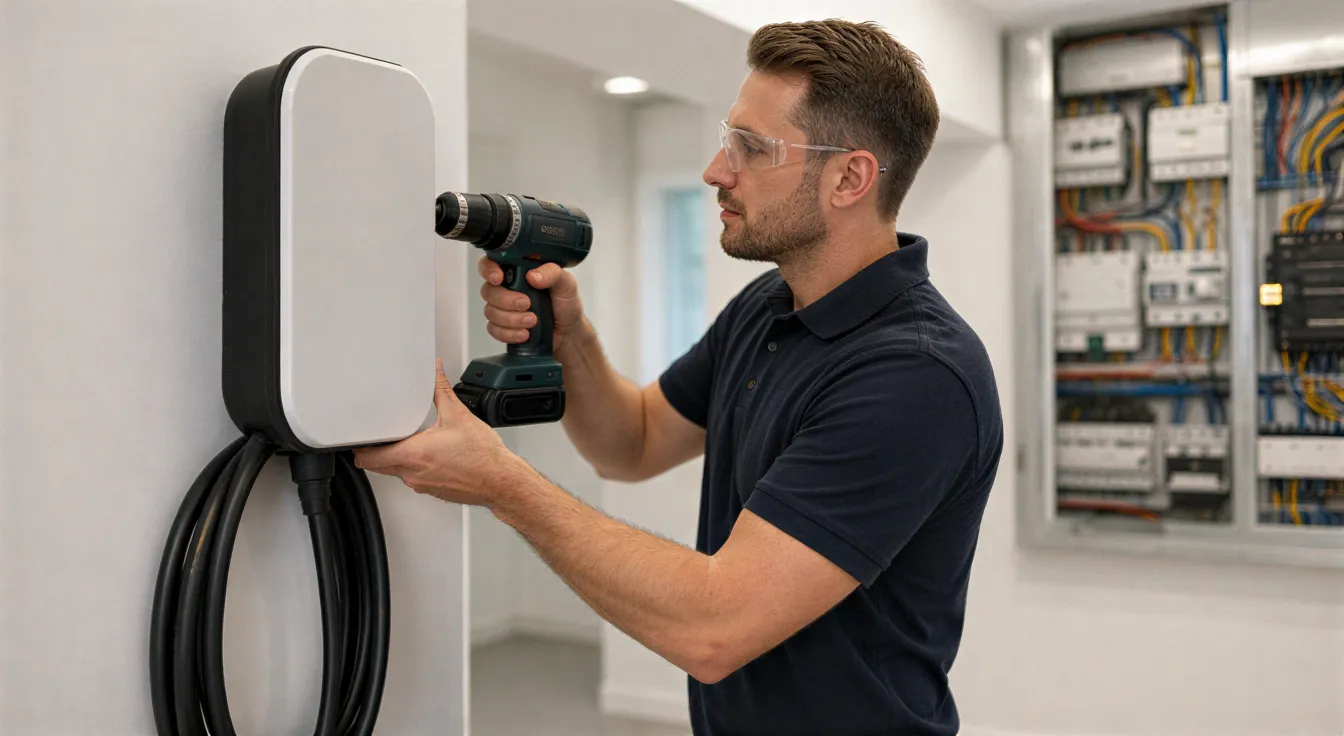 Ein Elektriker installiert eine Wandladestation für Elektroautos in einem modernen Elektroraum.