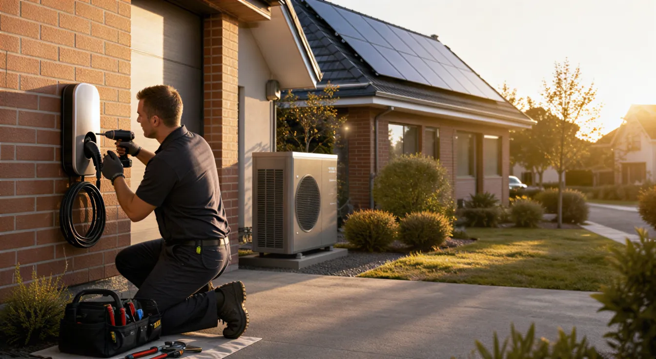 Ein Elektriker installiert eine Wandladestation an einem Einfamilienhaus mit Wärmepumpe und Solaranlage.