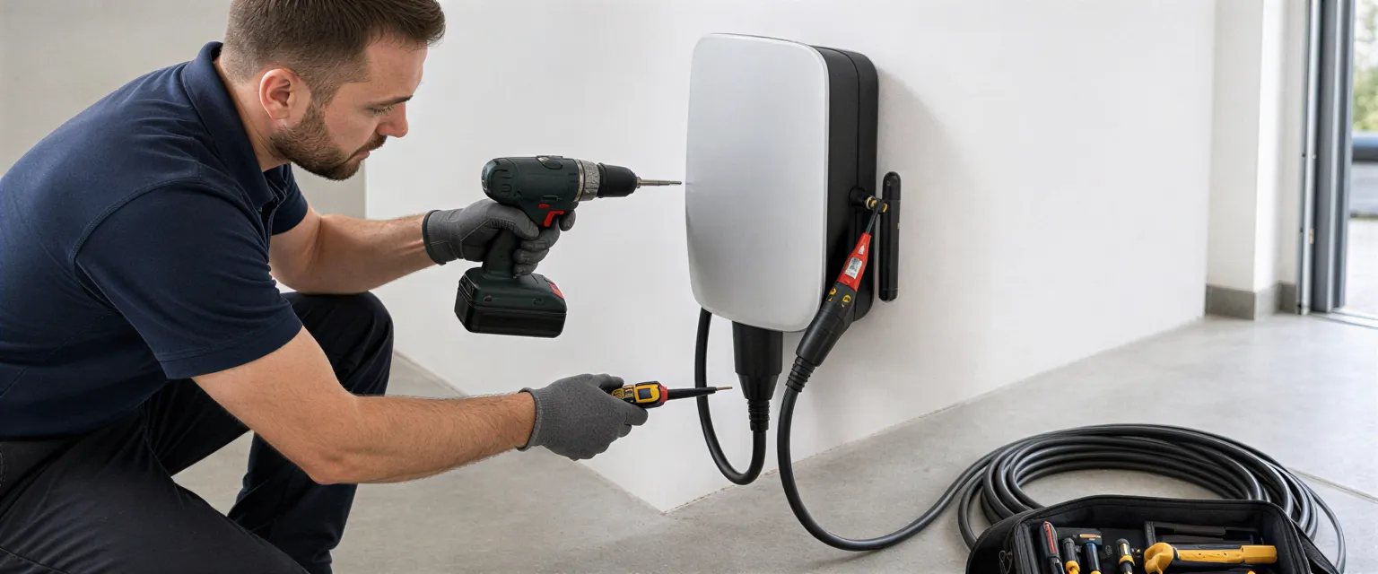 Ein Elektriker installiert eine moderne Wallbox für Elektroautos an einer weißen Garagenwand.