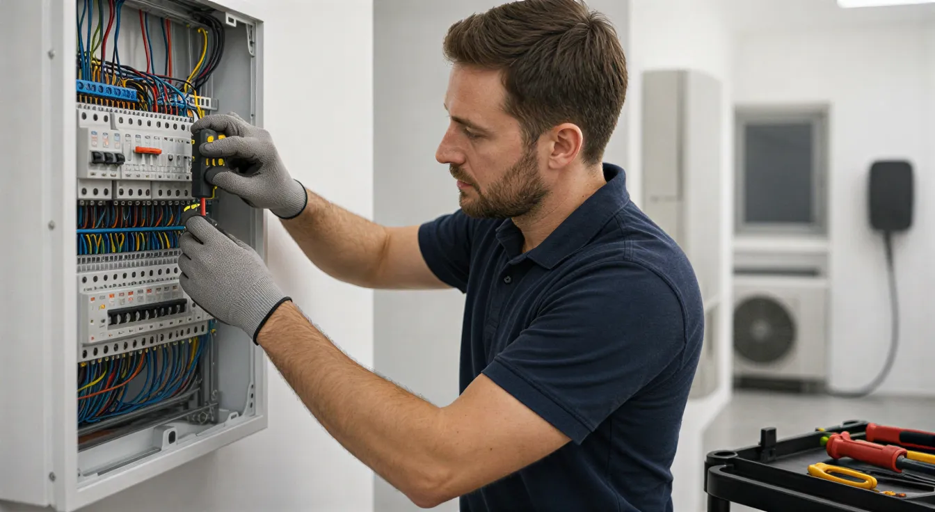 Ein Elektriker verbindet sorgfältig Drähte in einem neuen Sicherungskasten in einem hellen, modernen Technikraum.